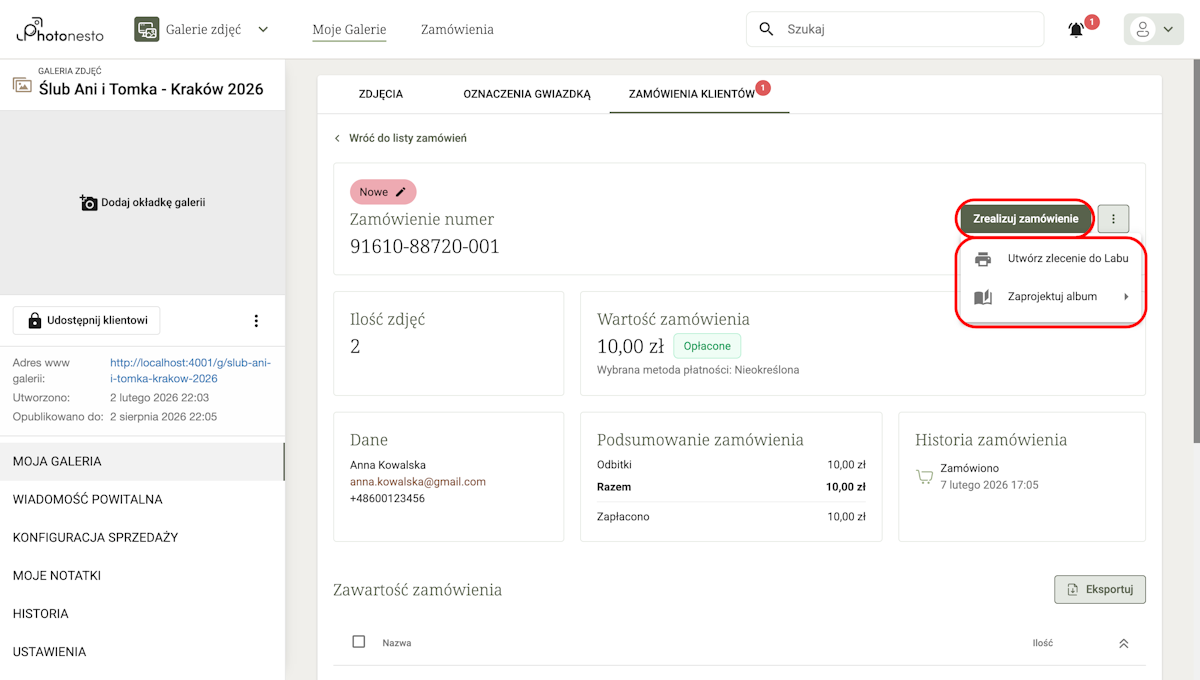 Menu realizacji zamówienia z opcjami: Utwórz zlecenie do Labu, Zaprojektuj album