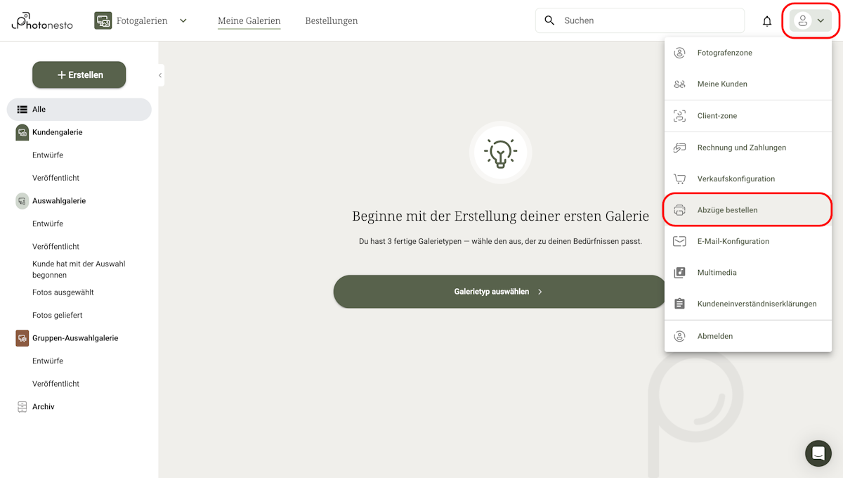 Benutzermenü mit dem Pfad: Abzüge bestellen → Fotolabore