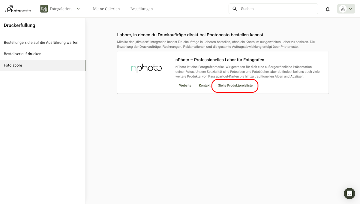 nPhoto-Bereich mit der Schaltfläche Produktpreise anzeigen