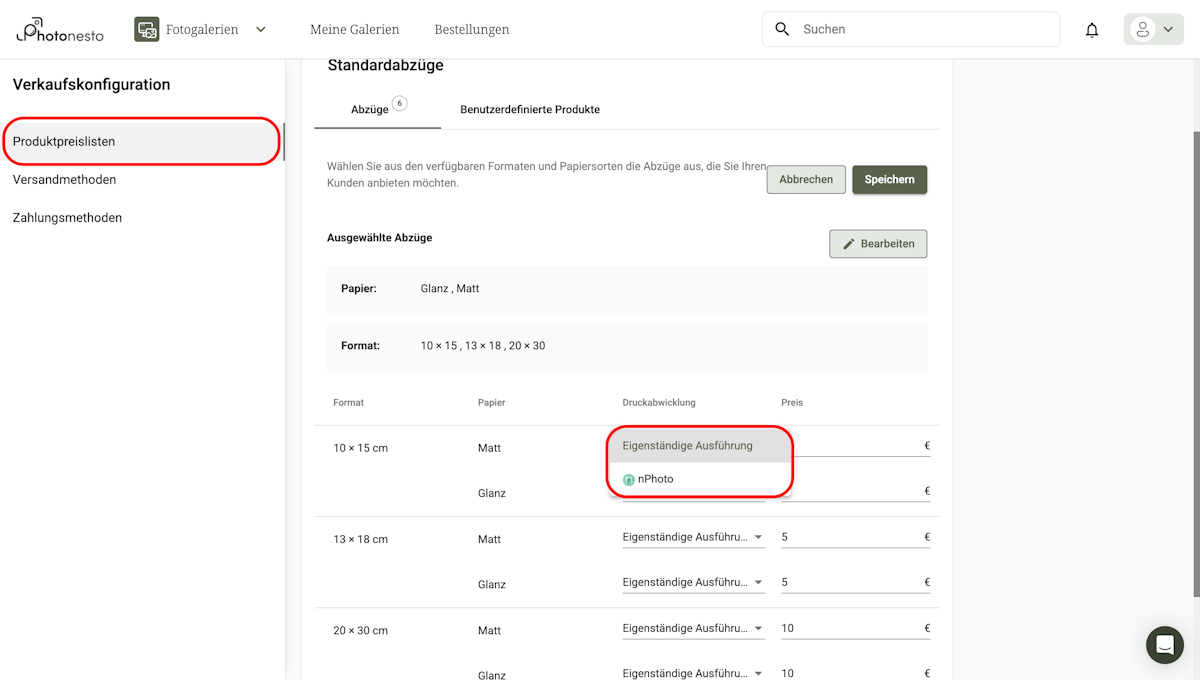 Dropdown für die Druckabwicklung in der Produktpreisliste mit Optionen: Eigenständige Ausführung, nPhoto