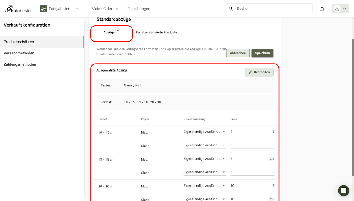 Produktpreistabelle mit Spalten: Format, Papier, Druckabwicklung, Preis