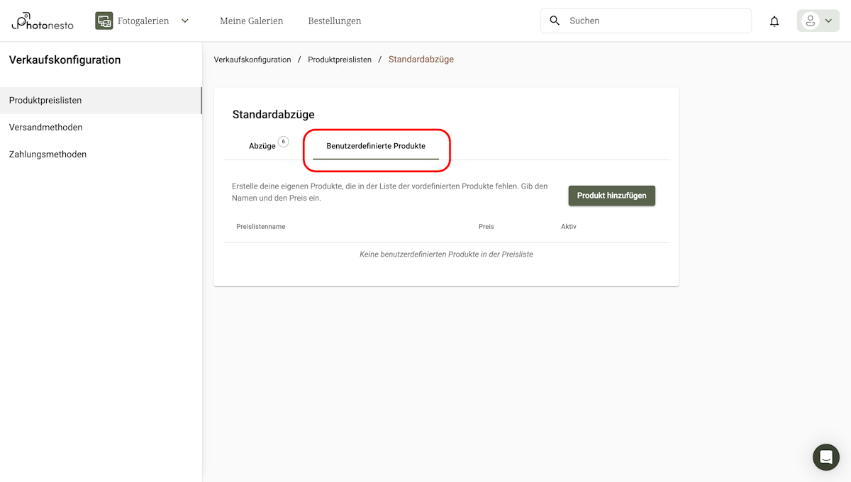 Tab Benutzerdefinierte Produkte mit einer Liste zusätzlicher Produkte: Alben, Leinwanddrucke