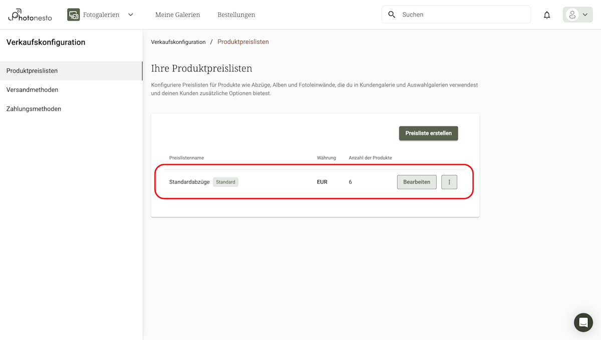Produktpreislisten-Übersicht mit Standardabzüge, EUR-Währung und 6 Produkten