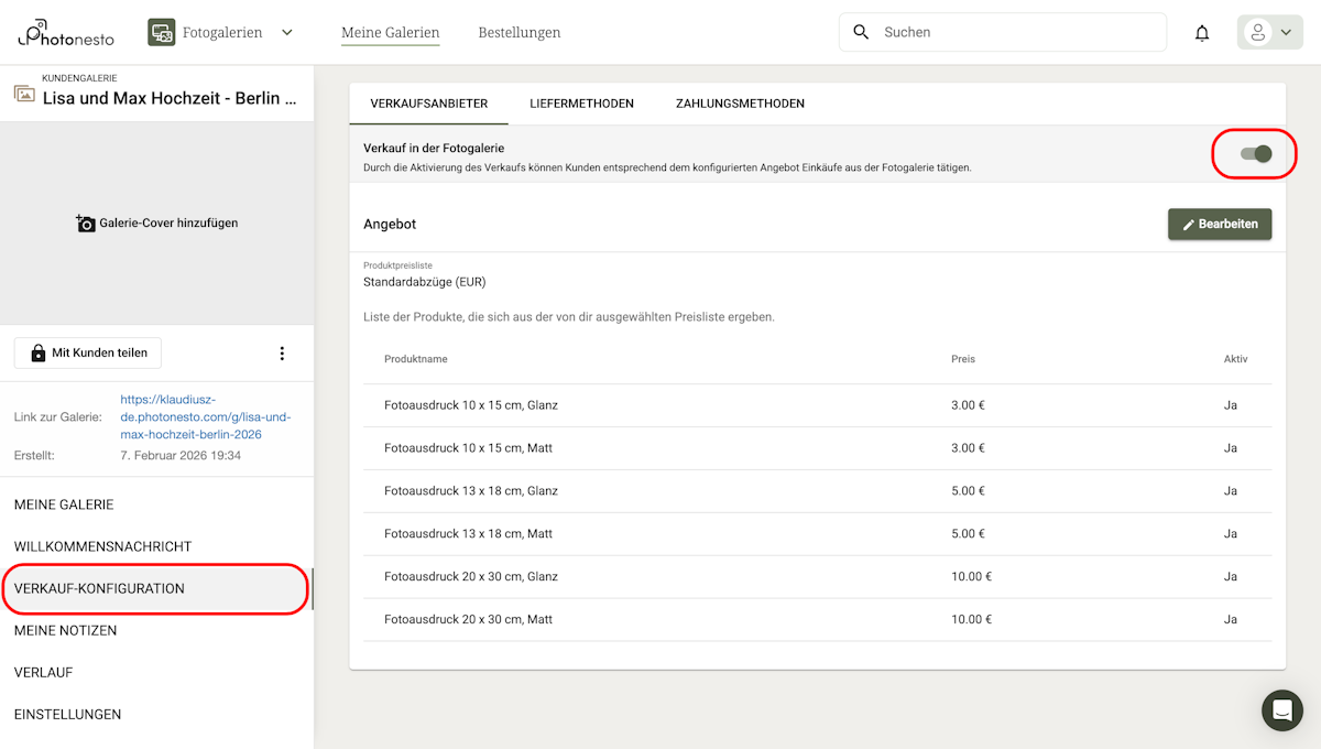Galerie-Einstellungen mit aktiviertem Verkaufs-Schalter und Produktliste