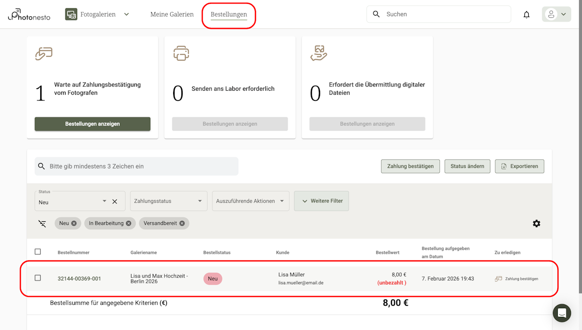 Bestellliste im Fotografen-Panel mit Statuskacheln und Bestelltabelle