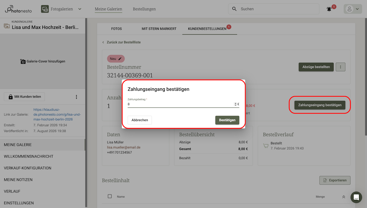 Dialog zur Zahlungsbestätigung mit Betragsfeld