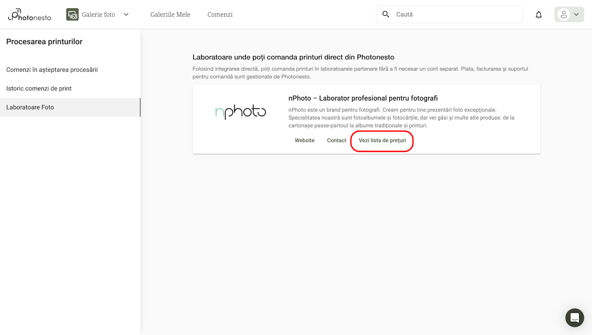 Secțiunea nPhoto cu butonul Vezi prețurile produselor