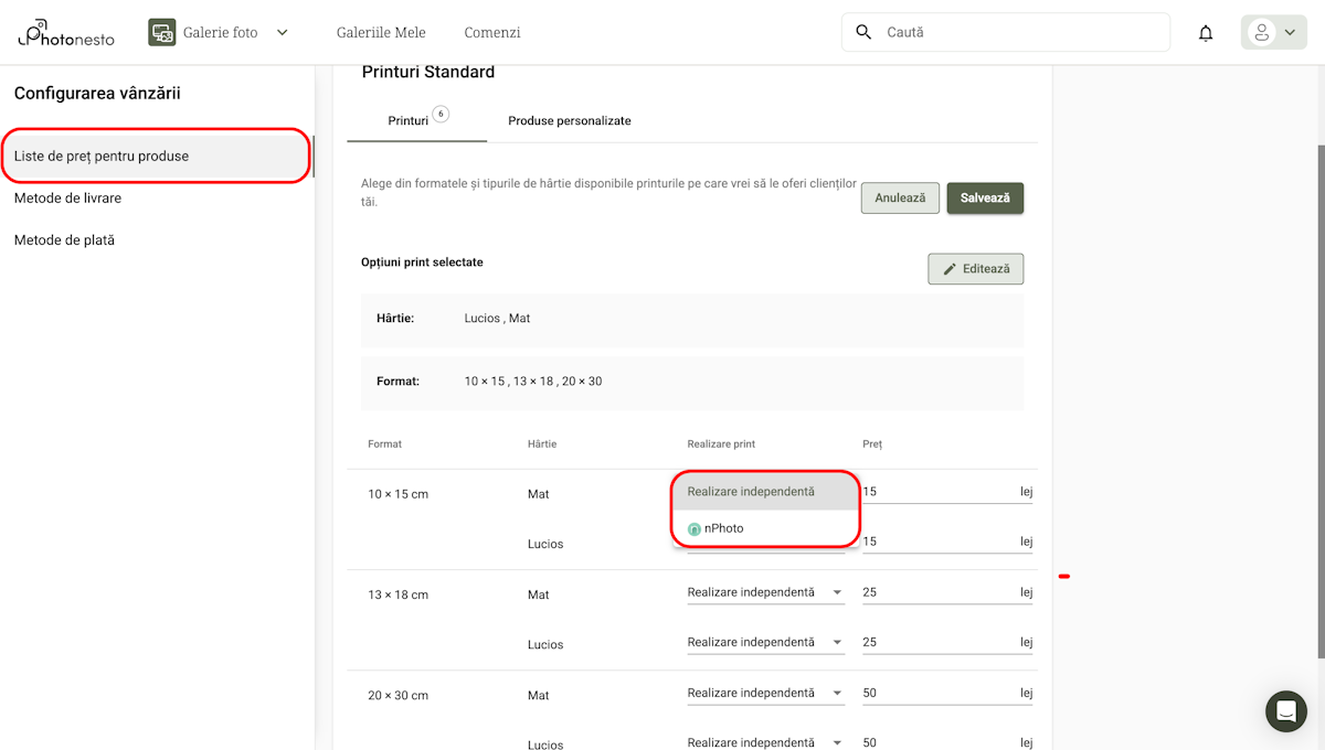Meniul derulant Realizare print în prețurile produselor cu opțiunile: Realizare independentă, nPhoto