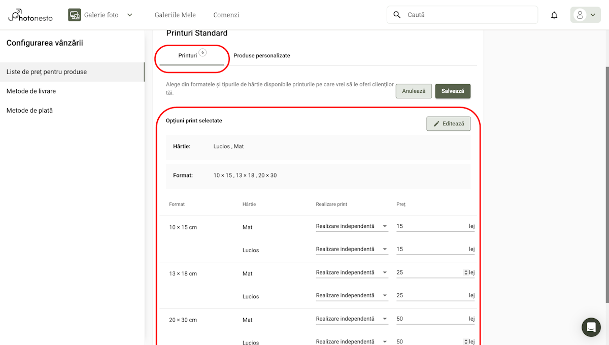 Tabelul de prețuri al produselor cu coloanele: Format, Hârtie, Realizare print, Preț