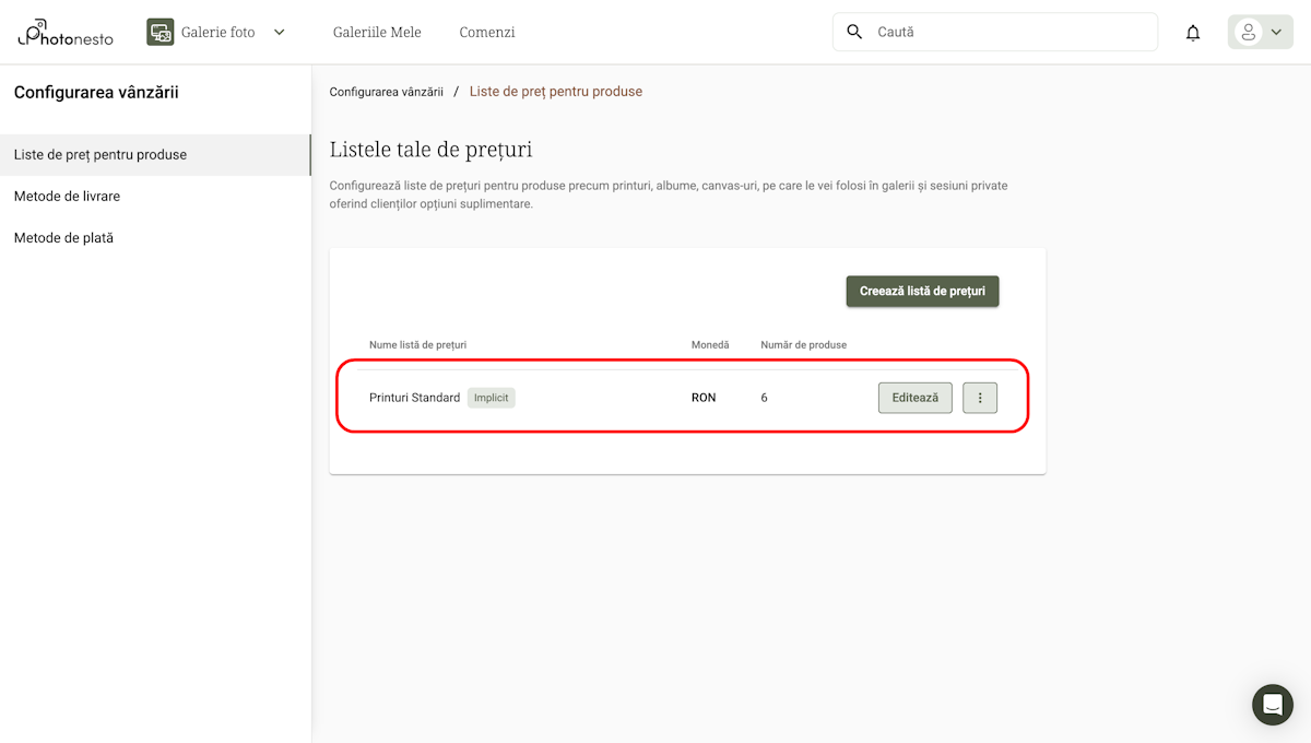 Lista de prețuri pentru produse arătând Printuri Standard cu moneda RON și 6 produse