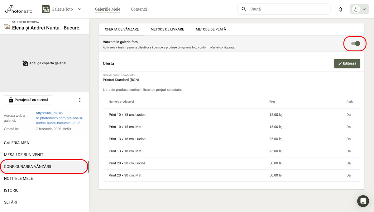 Setările galeriei cu comutatorul de vânzare activat și lista produselor