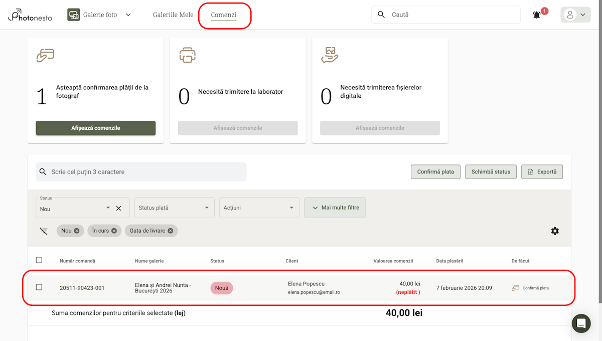 Lista comenzilor în panoul fotografului cu panouri de status și tabelul comenzilor