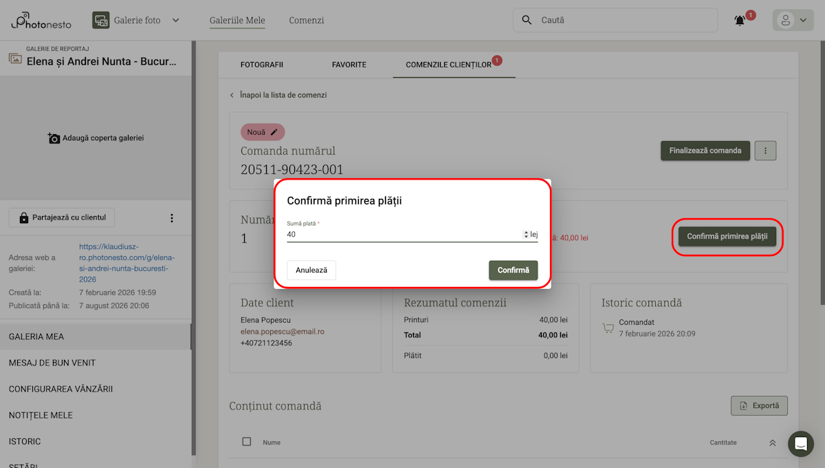 Dialog de confirmare a plății cu câmp pentru sumă