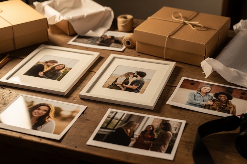 Gerahmte Fotoabzüge auf einem Holztisch