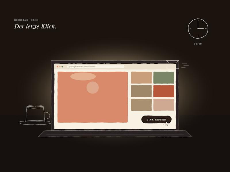 Ich habe die Galerie um 3 Uhr nachts verschickt. Am Morgen wartete eine Nachricht.