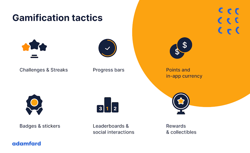 gamification tactics that include challenges & streaks, progress bars, points, badges, rewards and collectibles