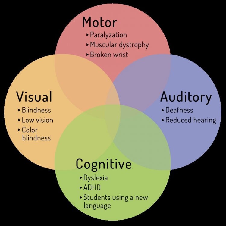 A venn diagram consisting of 4 circles: motor, visual, cognitive and auditory.