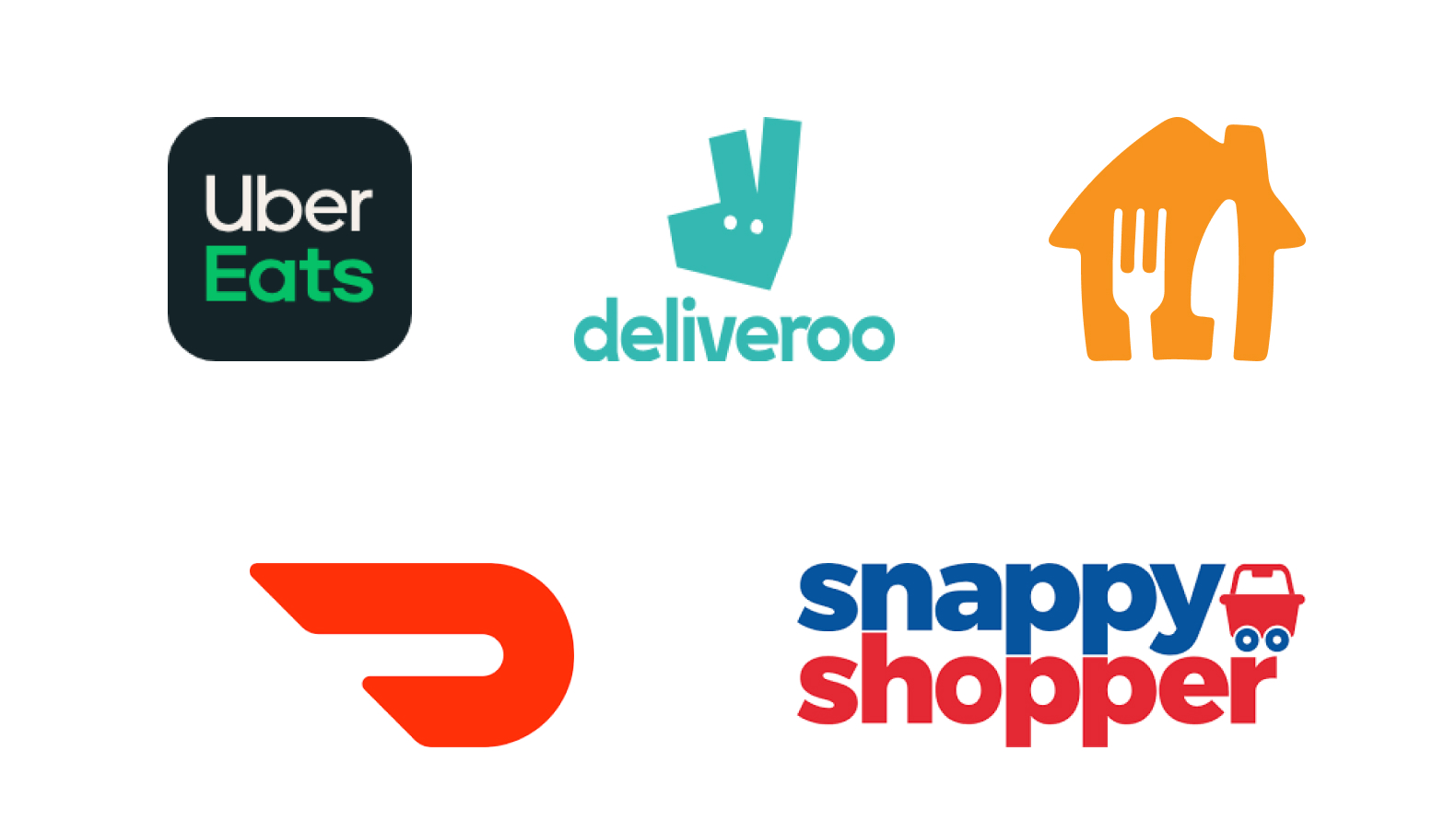 Logos of food delivery services including Uber Eats, Deliveroo, DoorDash, and Snappy Shopper arranged in a grid layout.