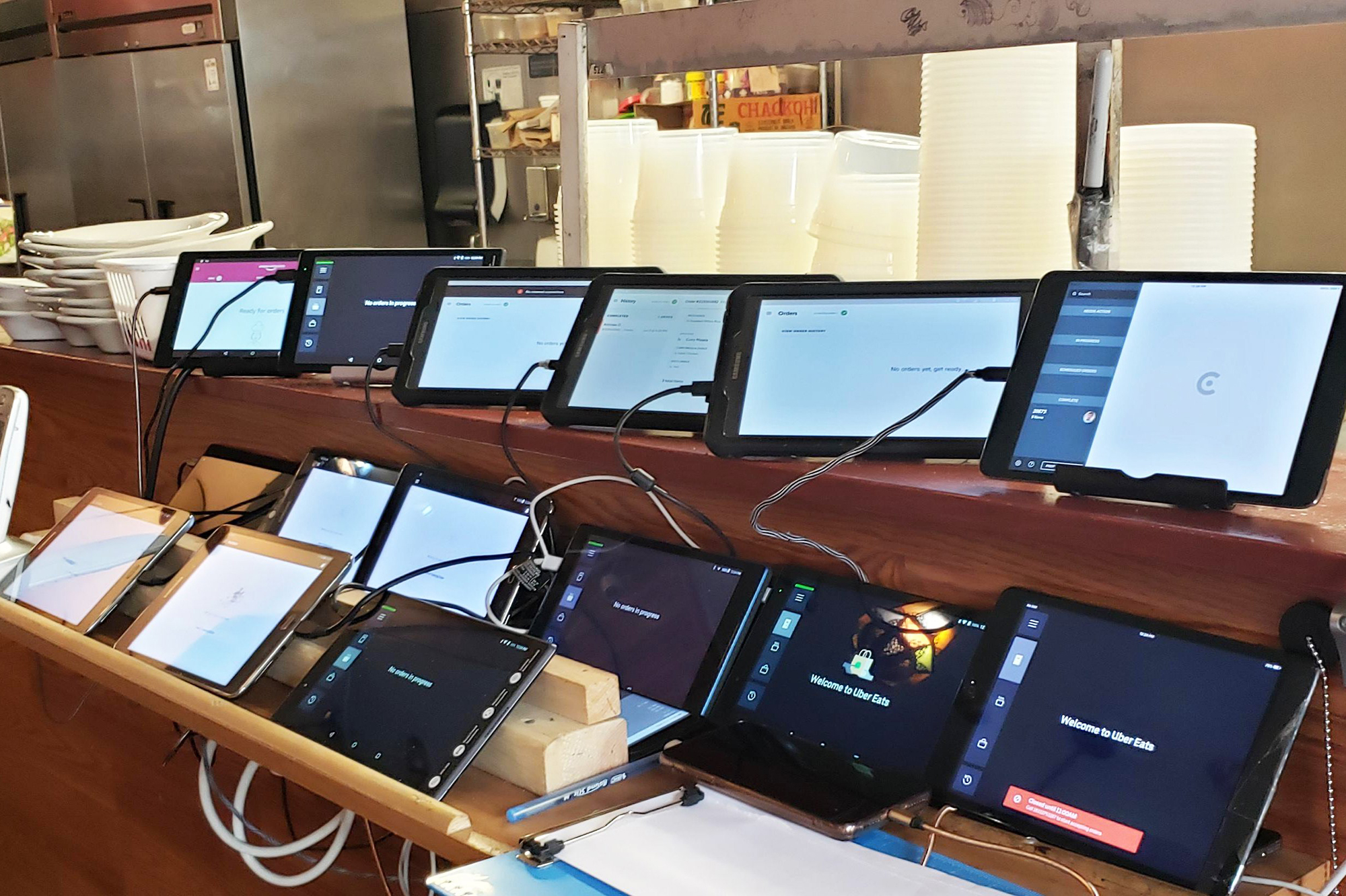 Front of the house, a restaurant with a lot of tablets to accept online orders. Tablet hell.