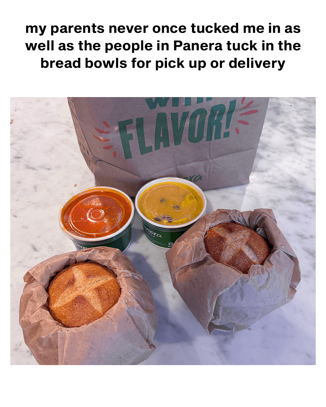 to-go bread bowls wrapped in brown paper
