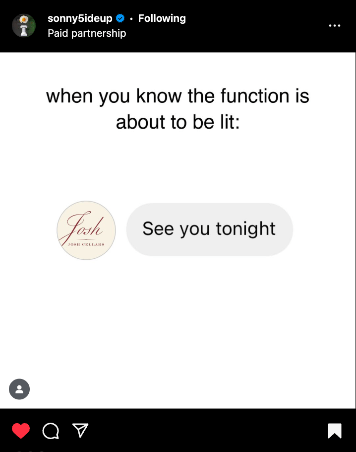 Message from Josh Cellars saying "see you tonight"