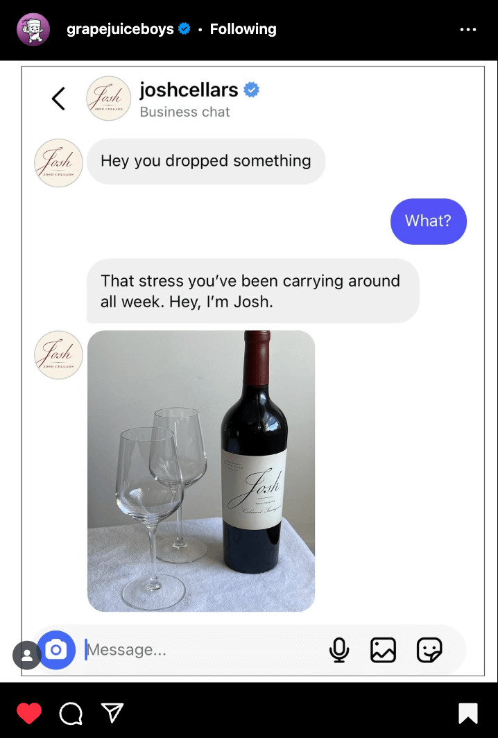 direct message between Josh Cellars account and meme account