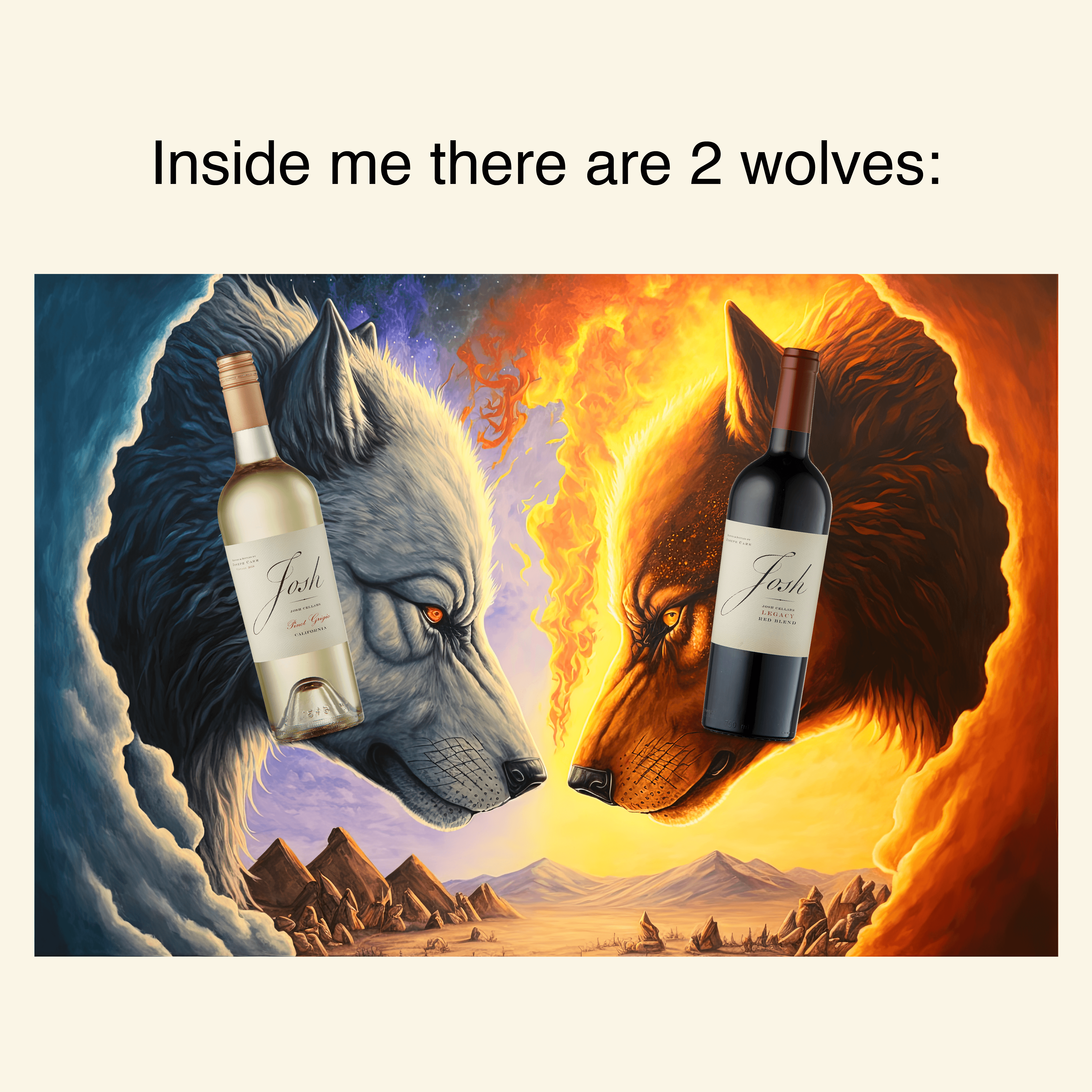 two wolves representing red and white wine