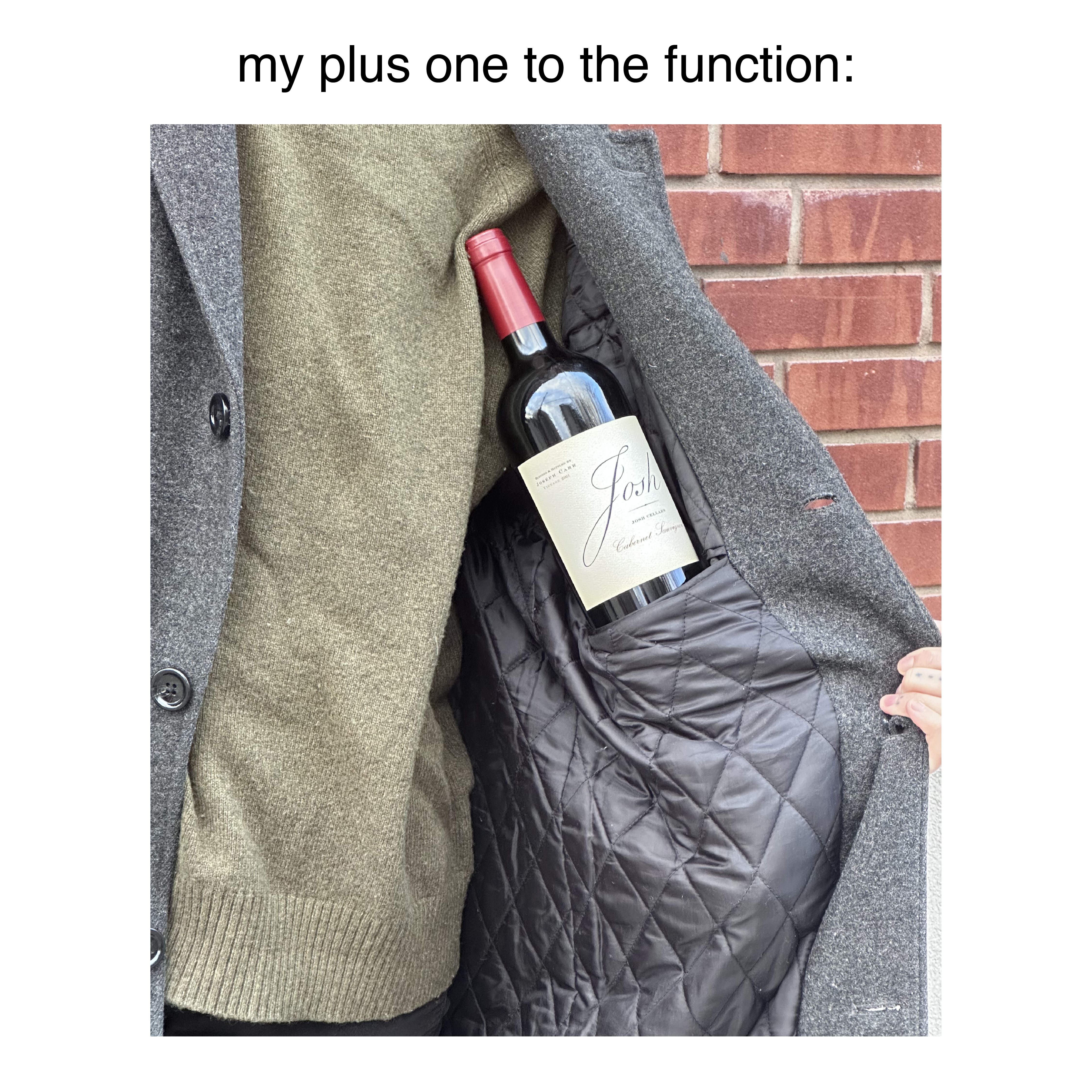 Inside of jacket reveals bottle of wine