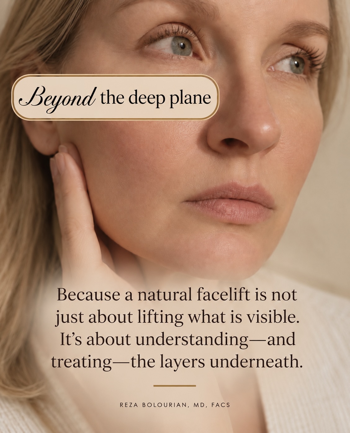 Woman touching her face illustrating a natural facelift approach beyond the deep plane
