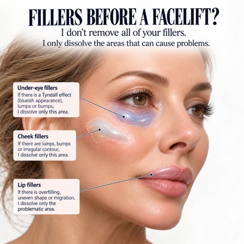 Woman with under-eye, cheek, and lip filler areas highlighted before a facelift.