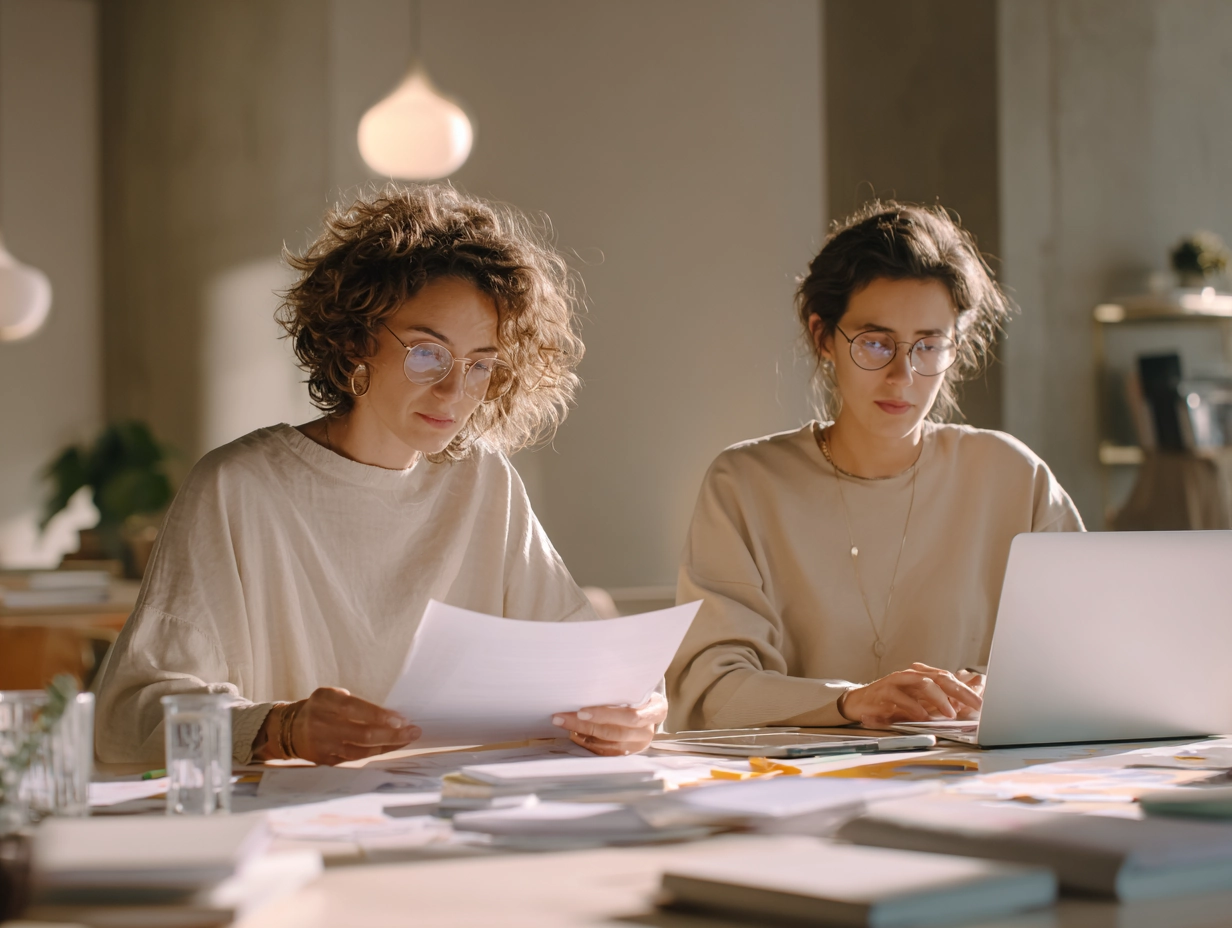 Research team conducting desk research and analysing existing data on laptop