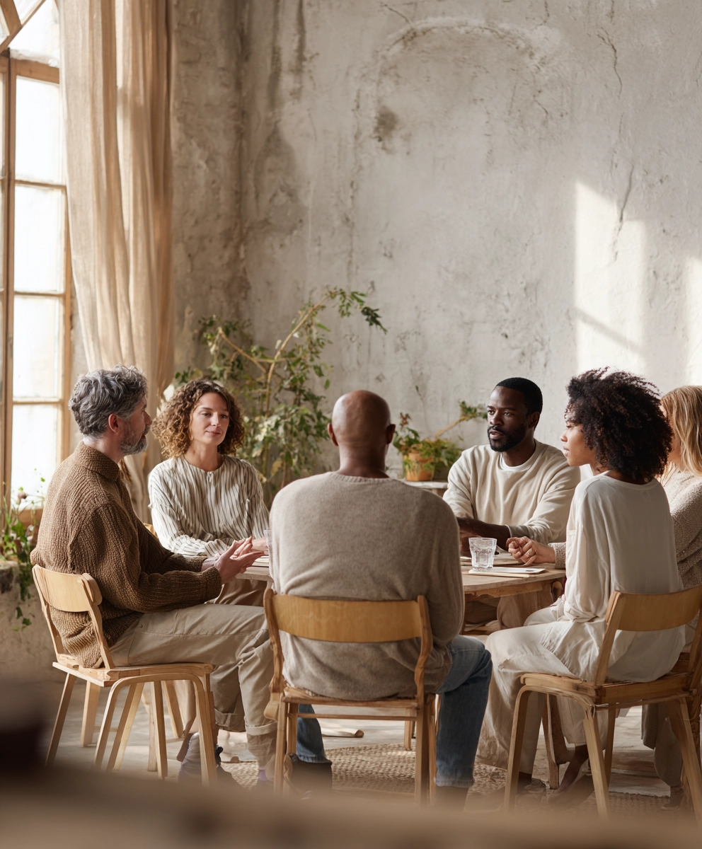 A small focus group of participants discussing insights in a warm, natural setting during a qualitative research session.