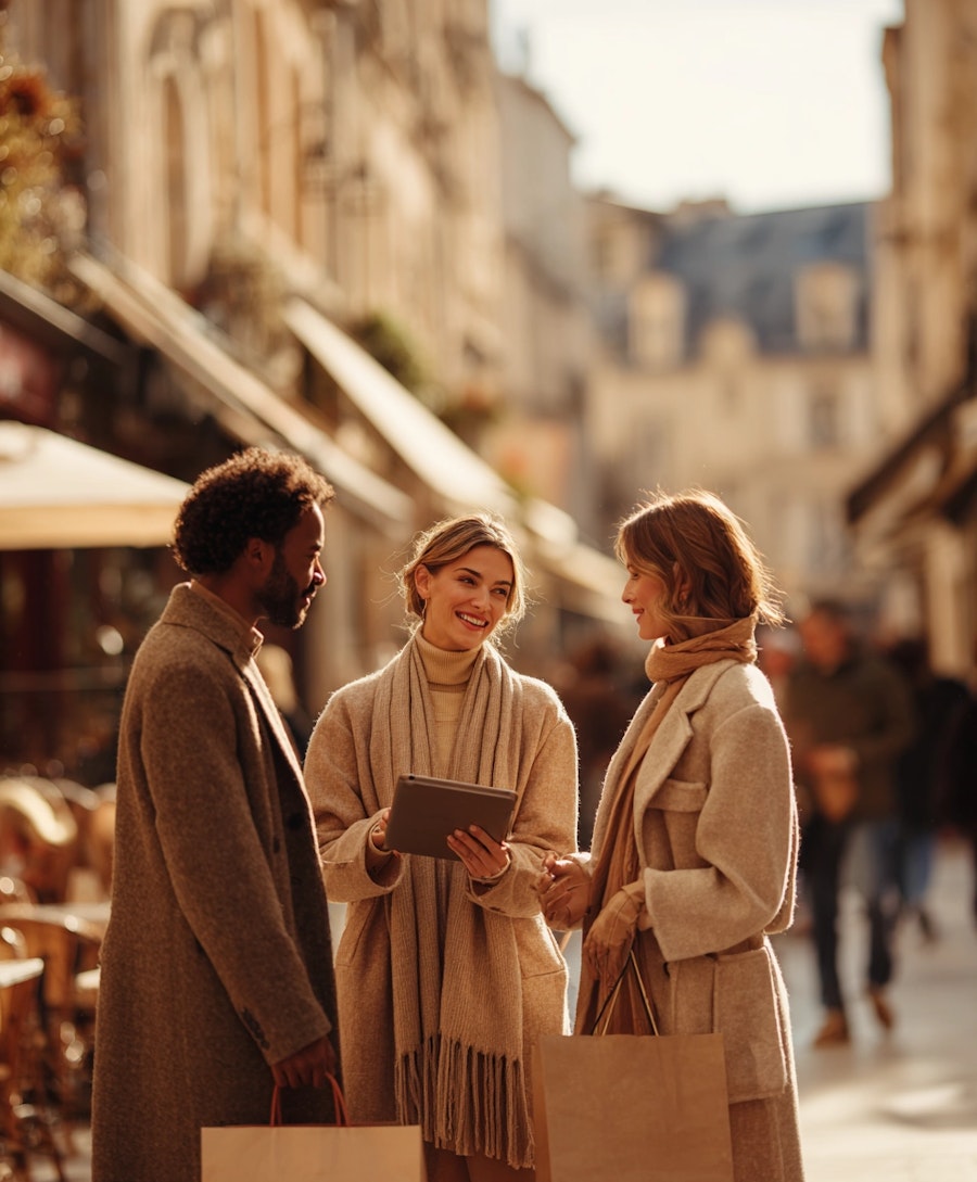 Researcher conducting a customer intercept survey with shoppers on a busy street using a tablet.