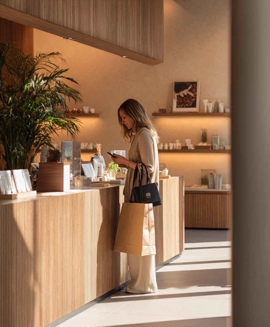 Woman acting as a mystery shopper evaluating service and product presentation inside a retail store.