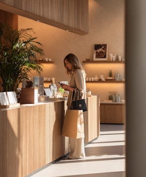 Woman acting as a mystery shopper evaluating service and product presentation inside a retail store.