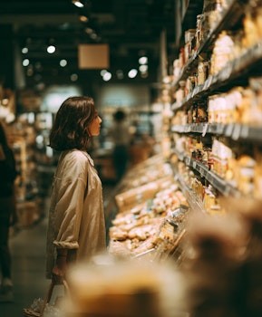 Woman observing products during a shop-along market research session inside a grocery store aisle.
