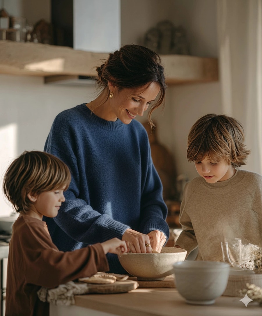 A researcher observing a mother and her children cooking together in their home, illustrating ethnographic research that captures real customer behavior in natural environments.