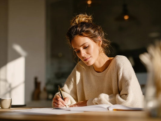 Woman taking notes during a qualitative market research session in a warm, natural environment.
