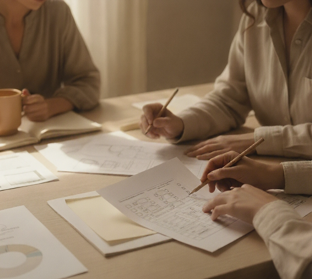 Researchers collaborating on screener questionnaire design with documents spread on table