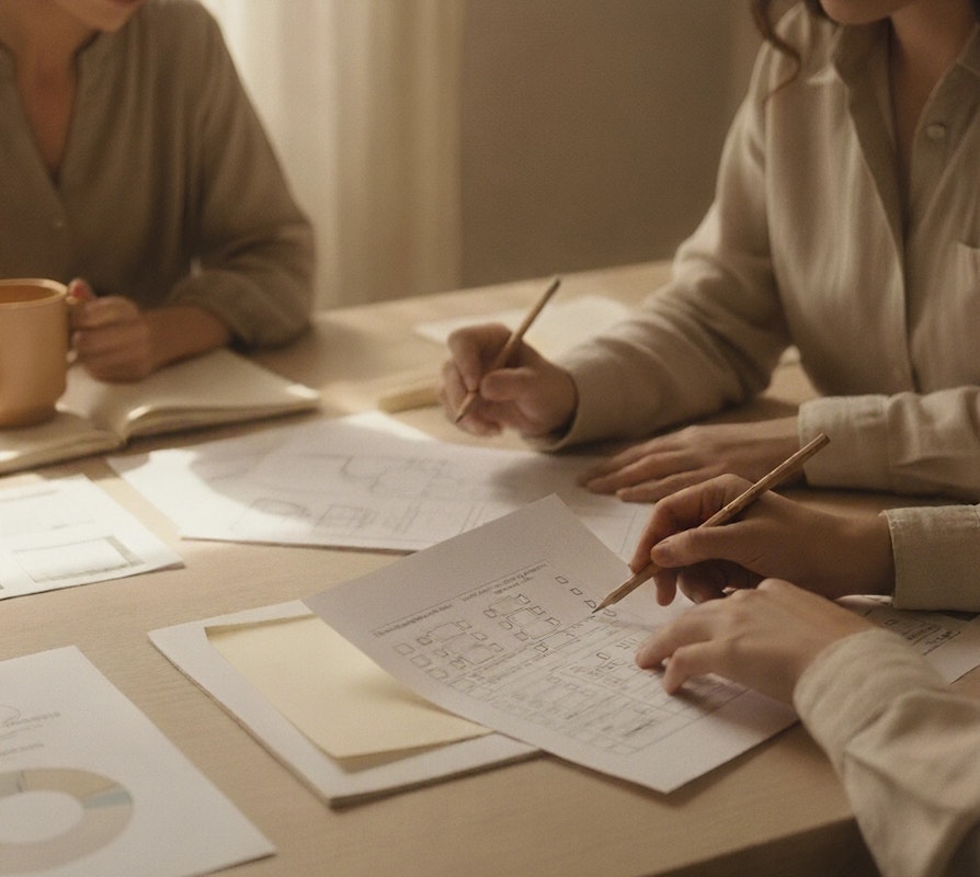 Researchers collaborating on screener questionnaire design with documents spread on table