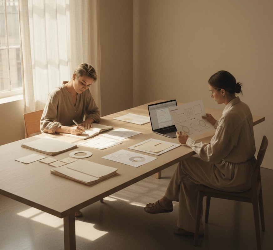 Two researchers planning study design with laptop and research documents in professional setting