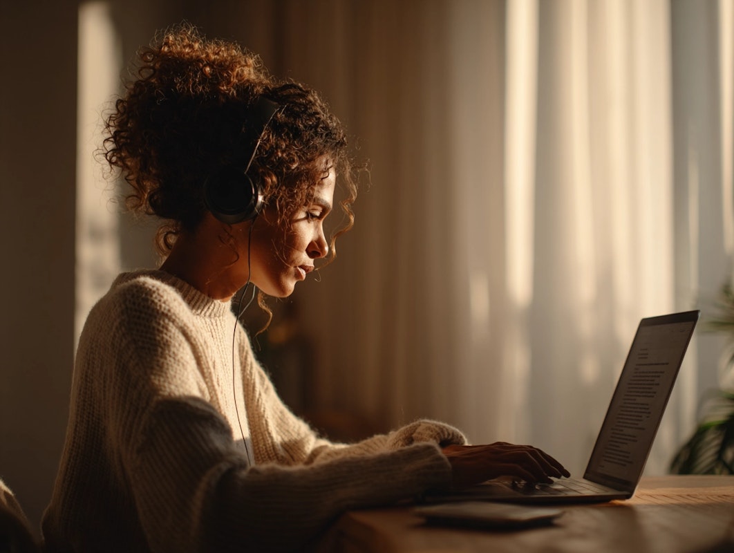 Professional linguist wearing headphones transcribing focus group recordings at laptop