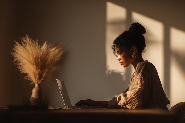 Market research professional working on laptop, representing MindMarket's dedicated approach to uncovering sector-specific insights for clients