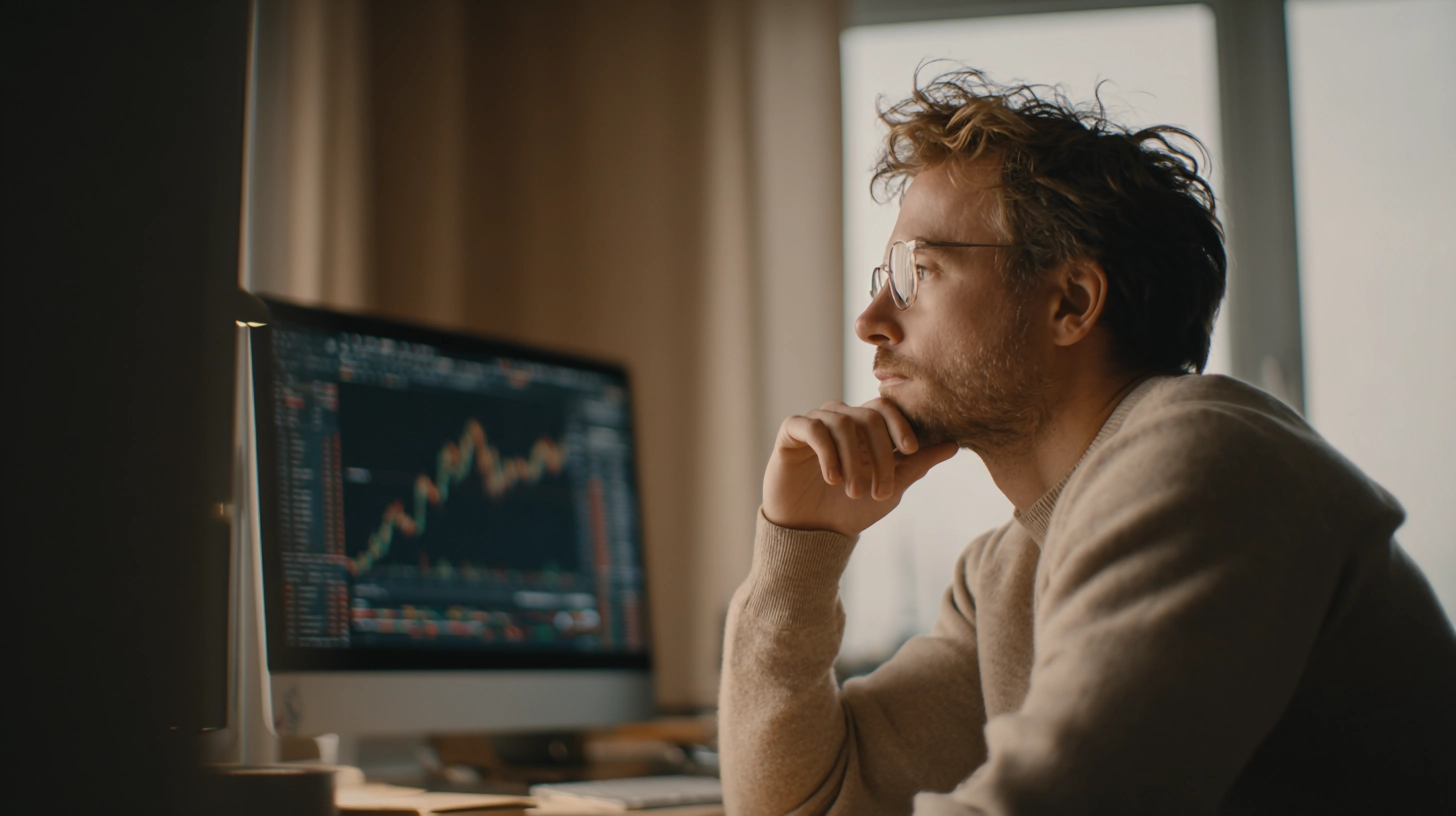 Cryptocurrency user analysing exchange platform charts on desktop monitor, reflecting the type of user interviewed during MindMarket's pan-European UX research study
