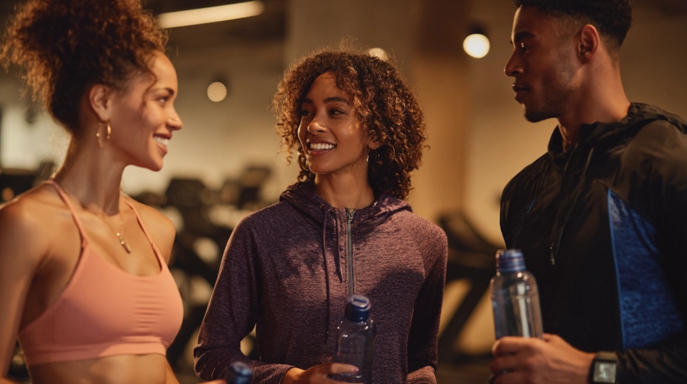 Three fitness enthusiasts taking a break inside a gym, holding water bottles and chatting. Warm ambient lighting with exercise equipment in the background.