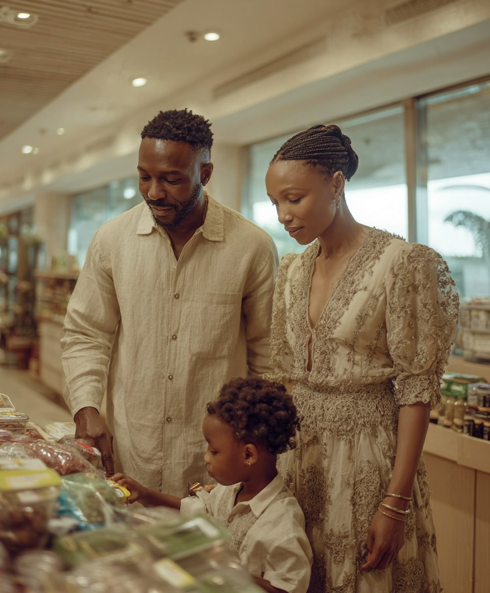 Family of three browsing packaged goods together in a warmly lit grocery store