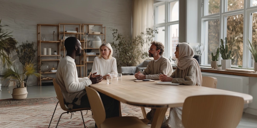 Diverse research team in cross-cultural focus group discussion around wooden table with natural daylight