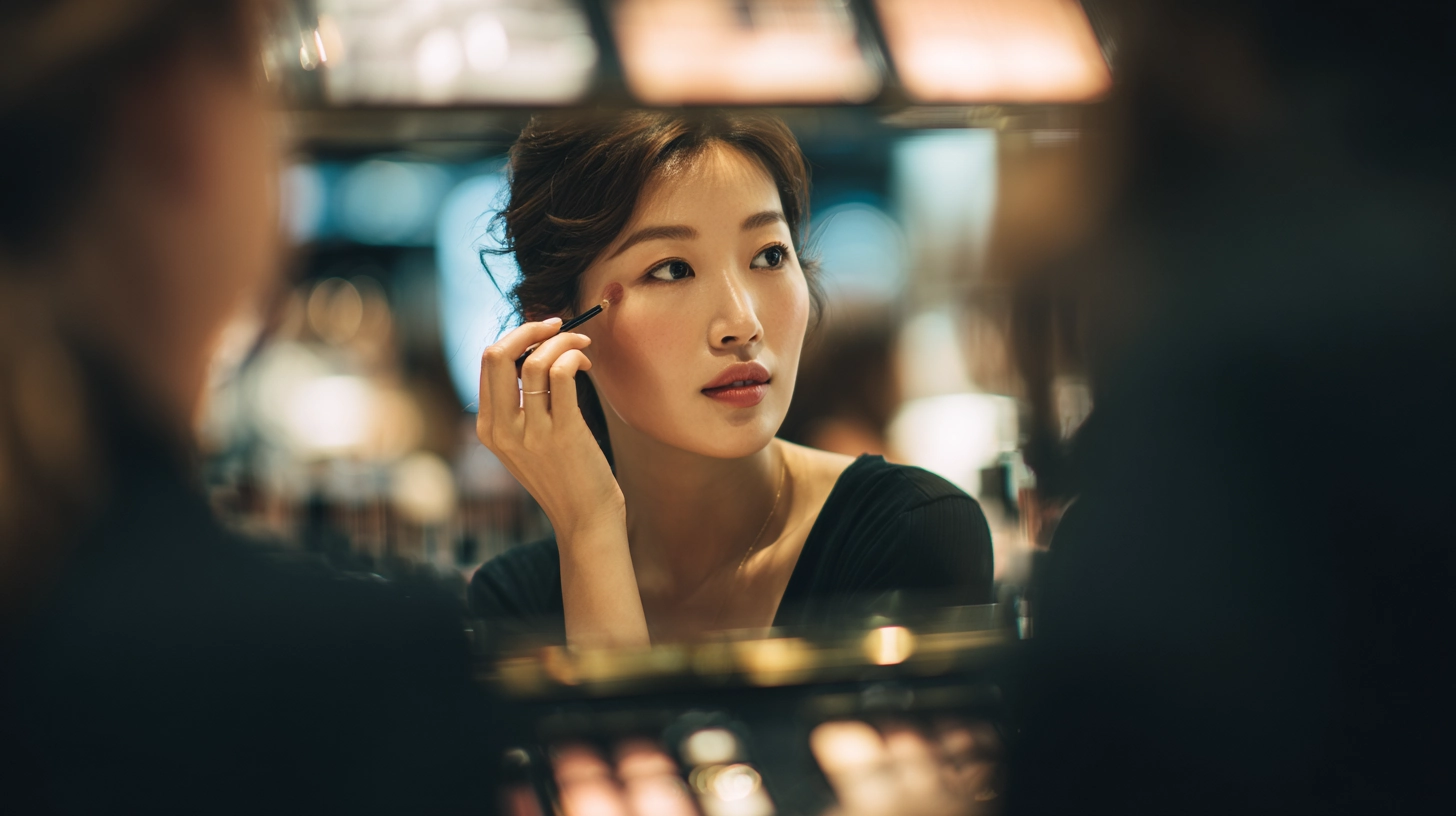 East Asian woman testing skincare product in authentic consumer research setting