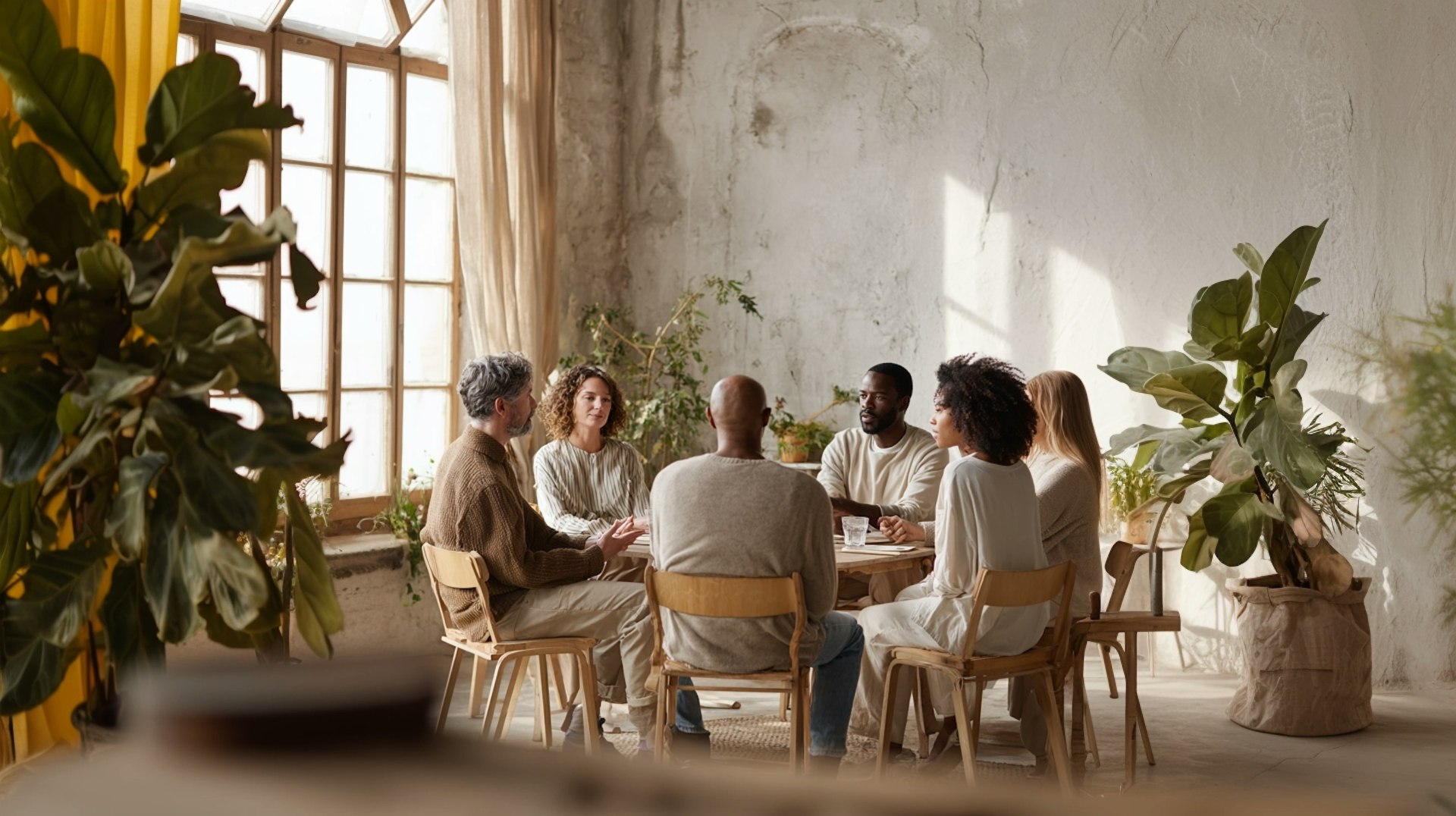 Diverse participants engaged in focus group discussion around table with natural lighting