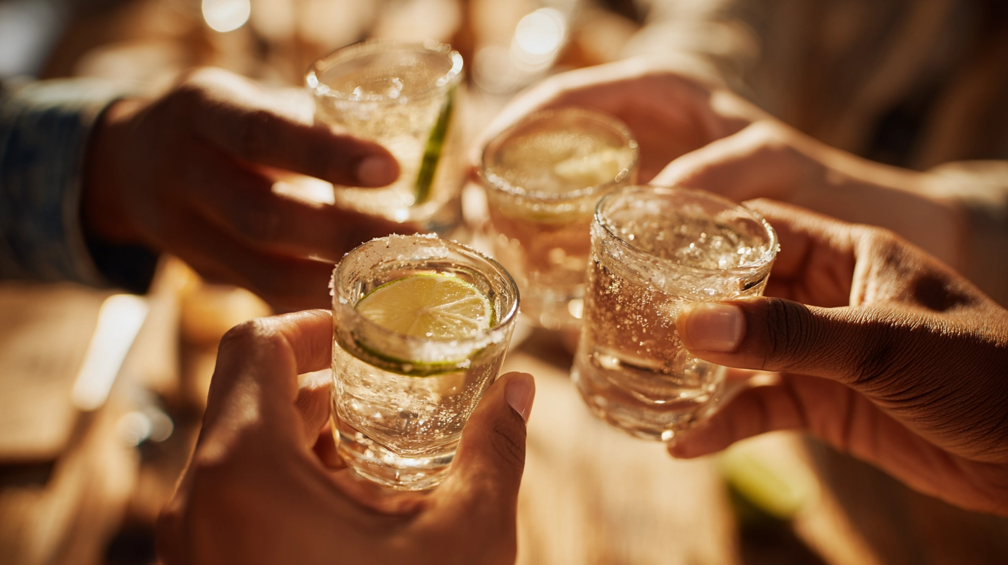 Diverse hands clinking premium tequila glasses with lime in warm golden lighting